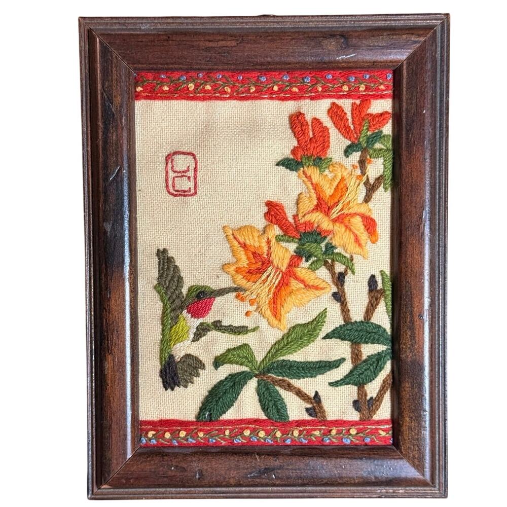 Vintage Wood Framed Yarn Art Crewel Hummingbird & Hibiscus Embroidery MCM